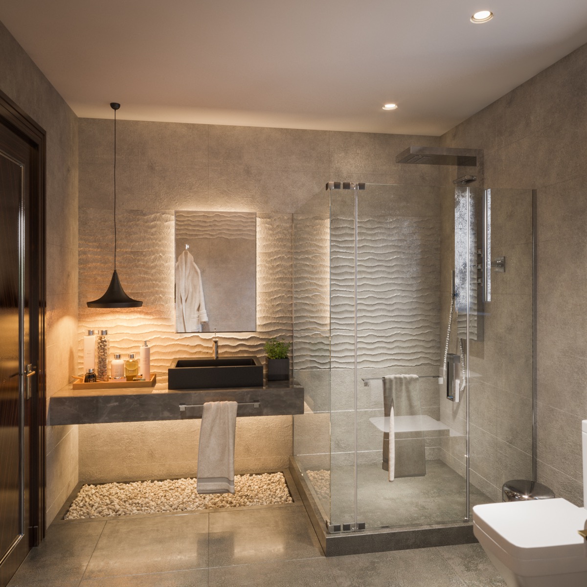 Modern bathroom with pebble floor